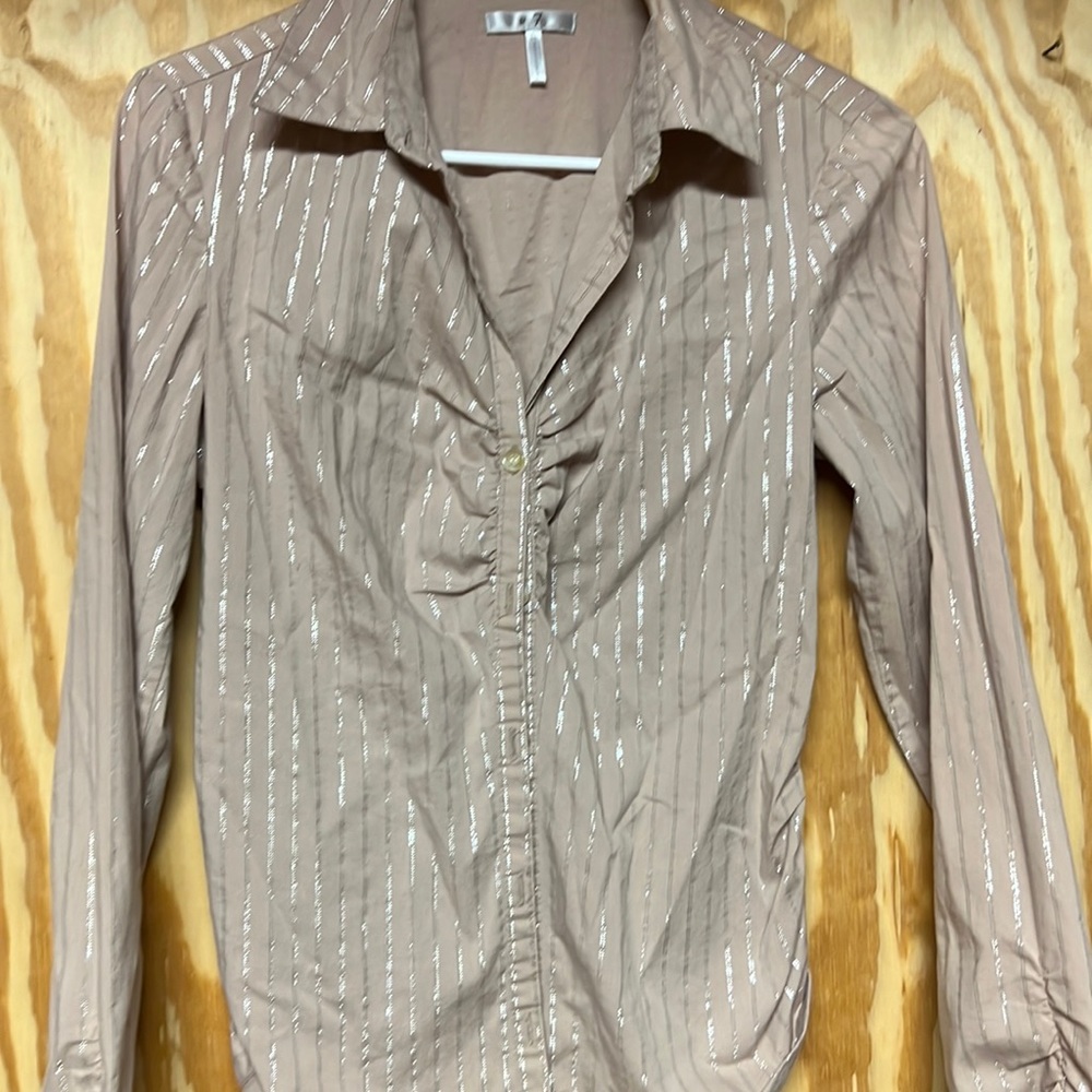 Womens long sleeve light weight shirt tan color with silver stripes